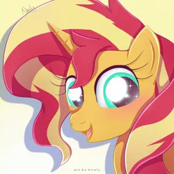 Size: 2000x2000 | Tagged: safe, artist:nnaly, derpibooru import, sunset shimmer, pony, unicorn, g4, bust, cute, female, horn, image, jpeg, mare, open mouth, open smile, portrait, shimmerbetes, smiling, solo, sparkles, sparkly eyes, wingding eyes