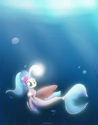 Size: 2000x2556 | Tagged: safe, artist:nnaly, derpibooru import, princess skystar, fish, seapony (g4), g4, my little pony: the movie, bioluminescent, blue eyes, bubble, crepuscular rays, dorsal fin, eyelashes, female, fin, fin wings, fins, fish tail, flower, flower in hair, flowing mane, flowing tail, freckles, glow, image, jewelry, jpeg, light, necklace, ocean, pearl necklace, seaquestria, seaweed, signature, smiling, solo, sunlight, swimming, tail, underwater, water, wings