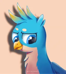 Size: 1786x1972 | Tagged: safe, artist:nnaly, derpibooru import, gallus, gryphon, g4, bust, image, jpeg, looking at you, male, portrait, simple background, solo, sparkles, sparkly eyes, tan background, wingding eyes