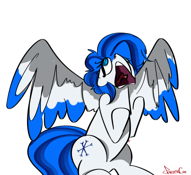 Size: 3250x2980 | Tagged: safe, artist:portercat, derpibooru import, applejack, oc, oc:sibir, pegasus, pony, blue eyes, blue mane, colored wings, female, image, light skin, multicolored wings, png, screaming, silly, silly pony, simple background, sitting, transparent background, who's a silly pony, wings