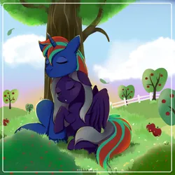 Size: 4000x4000 | Tagged: safe, artist:nnaly, derpibooru import, oc, oc:lapis, oc:silver, unofficial characters only, pegasus, pony, unicorn, apple, apple tree, duo, duo male and female, eyes closed, female, fence, floppy ears, food, horn, image, male, mare, outdoors, png, sitting, stallion, tree, under the tree, wings