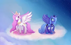 Size: 4976x3186 | Tagged: safe, artist:nnaly, derpibooru import, princess celestia, princess luna, alicorn, pony, g4, cloud, crown, duo, duo female, female, hoof shoes, horn, image, jewelry, jpeg, mare, on a cloud, peytral, pink-mane celestia, princess shoes, raised hoof, regalia, royal sisters, s1 luna, siblings, signature, sisters, spread wings, standing on a cloud, wings, younger