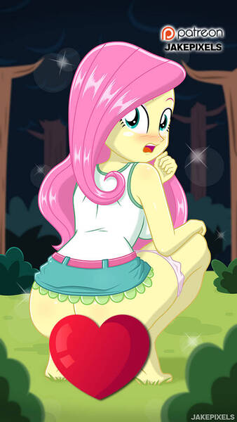 Size: 546x970 | Tagged: suggestive, artist:jakepixels, derpibooru import, fluttershy, equestria girls, g4, barefoot, blushing, camp everfree outfits, caught, censored, clothes, embarrassed, feet, female, forest, heart, heart censor, image, implied pissing, jpeg, looking at you, looking back, nature, nudity, panties, panties pulled down, partial nudity, solo, solo female, tree, underwear, using the bathroom in the woods