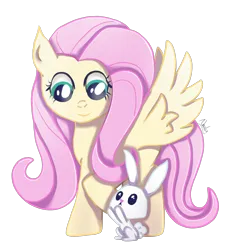 Size: 1606x1698 | Tagged: safe, artist:nnaly, derpibooru import, angel bunny, fluttershy, pegasus, pony, rabbit, g4, angelbetes, animal, cute, female, image, mare, png, raised hoof, simple background, smiling, spread wings, transparent background, wings