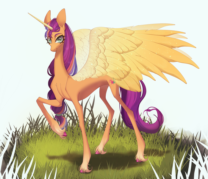 Size: 2964x2545 | Tagged: safe, artist:meggychocolatka, derpibooru import, part of a set, sunny starscout, alicorn, pony, g5, my little pony: a new generation, artificial horn, artificial wings, augmented, beautiful, braid, braided ponytail, coat markings, colored, commission, commissioner:princess, concave belly, eye clipping through hair, eyebrows, eyebrows visible through hair, eyelashes, female, grass, hoof fluff, horn, image, large wings, long horn, long mane, long tail, looking at you, magic, magic horn, magic wings, mare, no source available, older, older sunny starscout, png, ponytail, princess sunny starscout, race swap, raised hoof, scrunchie, shading, slender, smiling, smiling at you, socks (coat marking), solo, sparkles, sparkly wings, spread wings, standing, sunnycorn, tail, tall, thin, thin legs, unshorn fetlocks, wings