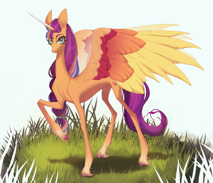 Size: 2964x2545 | Tagged: safe, artist:meggychocolatka, derpibooru import, part of a set, sunny starscout, alicorn, pony, g5, my little pony: a new generation, beautiful, braid, braided ponytail, coat markings, colored, colored wings, commission, commissioner:princess, concave belly, eye clipping through hair, eyebrows, eyebrows visible through hair, eyelashes, female, grass, hoof fluff, horn, image, large wings, long horn, long mane, long tail, looking at you, mare, multicolored wings, no source available, older, older sunny starscout, png, ponytail, princess sunny starscout, race swap, raised hoof, scrunchie, shading, slender, smiling, smiling at you, socks (coat marking), solo, spread wings, standing, sunnycorn, tail, tall, thin, thin legs, unshorn fetlocks, wings