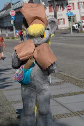 Size: 3266x4899 | Tagged: safe, derpibooru import, derpy hooves, g4, 2016, bag, fursuit, galacon, image, irl, jpeg, outdoors, photo, ponysuit, solo