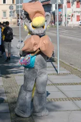 Size: 3265x4898 | Tagged: safe, derpibooru import, derpy hooves, human, g4, 2016, bag, fursuit, galacon, hooves on cheeks, image, irl, irl human, jpeg, outdoors, photo, ponysuit, solo focus