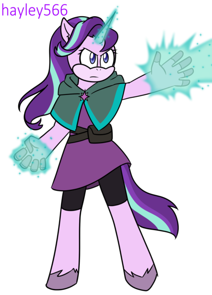 Size: 1875x2616 | Tagged: safe, artist:hayley566, derpibooru import, starlight glimmer, anthro, unicorn, g4, belt, clothes, commission, compression shorts, dark fantasy, description is relevant, dress, fantasy, female, glow, glowing horn, horn, image, magic, mobian, png, simple background, solo, sonic the hedgehog (series), sonicified, story included, transparent background, unshorn fetlocks