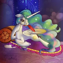 Size: 2048x2048 | Tagged: safe, artist:asterisq, derpibooru import, princess celestia, alicorn, pony, g4, concave belly, feathered fetlocks, female, floppy ears, image, indoors, inkwell, lidded eyes, lying down, mare, mouth hold, png, prone, quill, slender, smiling, solo, thin