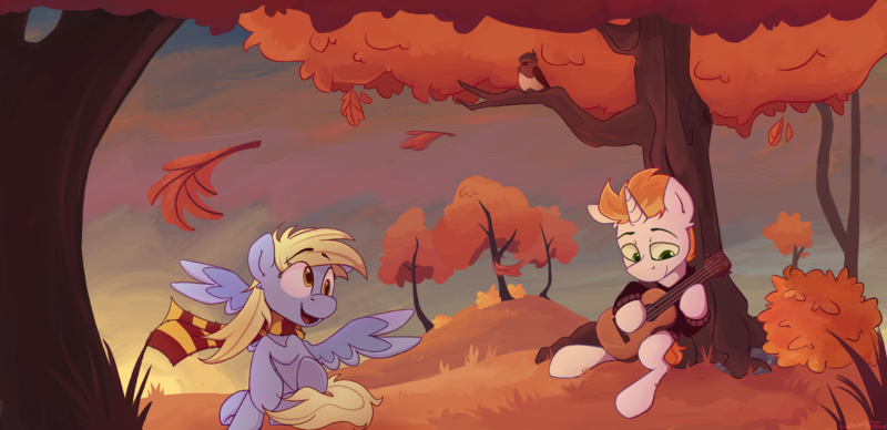 Size: 4000x1940 | Tagged: safe, artist:lunar_plague, derpibooru import, derpy hooves, oc, pegasus, pony, unicorn, g4, autumn, clothes, duo, guitar, horn, image, leaves, musical instrument, png, scarf, striped scarf, tree, wind