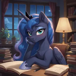 Size: 1024x1024 | Tagged: safe, ai content, machine learning generated, prompter:thataiponyguy, princess luna, alicorn, pony, g4, blushing, book, female, horn, image, jpeg, looking at you, sitting, solo, wings