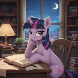 Size: 1024x1024 | Tagged: safe, ai content, machine learning generated, prompter:thataiponyguy, twilight sparkle, pony, unicorn, g4, blushing, book, chair, female, horn, image, jpeg, looking at you, sitting, solo, unicorn twilight