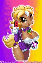 Size: 1992x3000 | Tagged: dead source, suggestive, artist:minus8, derpibooru import, ponified, anthro, pony, bowtie, bunny suit, carrot, clothes, female, food, image, jpeg, looking at you, nintendo switch, one eye closed, solo, solo female, wink, winking at you