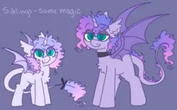 Size: 800x500 | Tagged: safe, artist:puppie, derpibooru import, oc, unnamed oc, unofficial characters only, bat pony, pony, unicorn, bat wings, bow, duo, duo male and female, female, horn, image, leonine tail, male, mare, png, siblings, stallion, tail, tail bow, wings