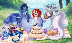 Size: 7106x4300 | Tagged: safe, artist:madelinne, derpibooru import, oc, oc:biru, oc:madelinne, oc:opal brona, oc:triksa, unofficial characters only, alicorn, earth pony, lamia, original species, alicorn oc, birthday cake, birthday gift art, cake, cupcake, drink, drinking straw, food, gift art, horn, image, png, sky, strawberry, tree, wings