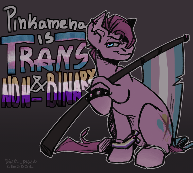 Size: 2271x2033 | Tagged: safe, artist:badyl, derpibooru import, pinkie pie, earth pony, pony, g4, alternate design, image, mouthpiece, nonbinary, old art, pinkamena diane pie, png, politics, pride, pride flag, solo, transgender pride flag, twitterina design