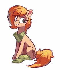 Size: 1113x1324 | Tagged: safe, artist:nadnerbd, derpibooru import, oc, oc:rusty gears, unofficial characters only, earth pony, pony, clothes, eyebrows, eyebrows visible through hair, female, freckles, grin, heterochromia, image, jpeg, looking at you, mare, scarf, simple background, sitting, smiling, smiling at you, socks, solo, striped scarf, striped socks, white background