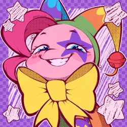 Size: 1083x1083 | Tagged: safe, artist:bombastickon, derpibooru import, pinkie pie, earth pony, pony, g4, blushing, checkered background, female, heart, heart eyes, image, jester outfit, jester pie, jpeg, looking at you, mare, signature, smiling, smiling at you, solo, stars, wingding eyes