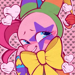 Size: 1254x1255 | Tagged: safe, artist:bombastickon, derpibooru import, pinkie pie, earth pony, pony, g4, blushing, cute, female, heart, heart background, heart eyes, hoof on cheek, image, jester outfit, jester pie, jpeg, mare, outline, smiling, solo, wingding eyes