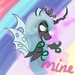 Size: 1024x1024 | Tagged: safe, artist:kujivunia, derpibooru import, princess cadance, queen chrysalis, changeling, changeling queen, g4, bust, changeling wings, curved horn, female, head only, heart, holiday, horn, image, implied shining armor, png, portrait, simple background, smiling, solo, valentine, valentine's day, wings