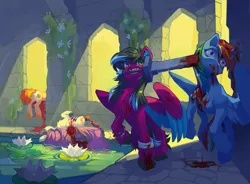 Size: 3800x2800 | Tagged: grimdark, artist:galchonok, derpibooru import, rainbow dash, earth pony, pegasus, g4, background, blood, commission, death, death battle, digital art, drama, exploitable meme, image, meme, png, sword, water, weapon, ych result