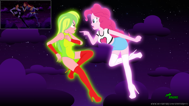 Size: 3840x2160 | Tagged: safe, artist:gibsterboy5, derpibooru import, lemon zest, pinkie pie, human, equestria girls, g4, 4k, angry, boots, breasts, clothes, cloud, complex background, concerned, dc comics, duo, female, flying, glow, high heel boots, high heels, high res, image, jpeg, leotard, looking at each other, midriff, night, night sky, open mouth, outdoors, overknee boots, platform boots, platform heels, platform shoes, pointing, reference, screencap reference, shirt, shoes, signature, skirt, sky, stars, suit, teen titans, thigh boots, woman