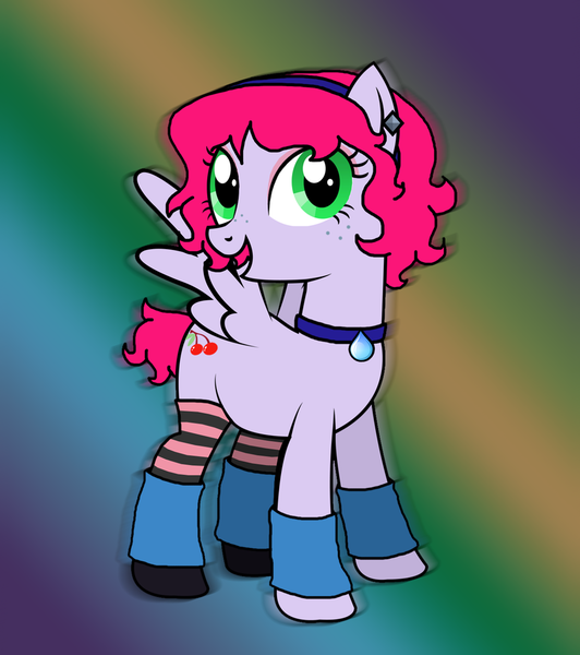 Size: 842x949 | Tagged: safe, artist:reitanna-seishin, derpibooru import, oc, unofficial characters only, earth pony, pony, arm warmers, choker, clothes, ear piercing, earring, eyeshadow, freckles, gradient background, green eyes, hairband, image, jewelry, leg warmers, makeup, piercing, pink mane, pink tail, png, smiling, socks, solo, spread wings, stockings, tail, thigh highs, wings