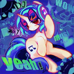 Size: 4160x4160 | Tagged: safe, artist:brucebrandon, artist:jojofassbender, derpibooru import, vinyl scratch, pony, unicorn, g4, abstract background, female, full body, glasses, headphones, heart, horn, image, jpeg, mare, solo, text, vinyl's glasses