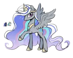 Size: 2642x2090 | Tagged: safe, artist:shiqiuzhu, derpibooru import, princess celestia, princess luna, alicorn, pony, g4, aside glance, chibi, female, full body, fusion:princess celestia, fusion:princess luna, image, jewelry, looking at you, mare, png, raised hoof, regalia, sideways glance, simple background, smiling, solo, spread wings, white background, wings