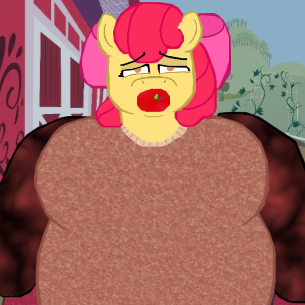 Size: 718x718 | Tagged: questionable, derpibooru import, apple bloom, anthro, g4, apple, barn, belly, big belly, big breasts, breasts, clothes, dazed, fat, female, food, hill, image, looking at you, mittens, obese, older, older apple bloom, png, solo, strong fat, stuffed, sweater, sweet apple acres