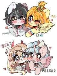 Size: 1920x2560 | Tagged: safe, artist:冰糖, derpibooru import, cozy glow, oc, alicorn, bat pony, pegasus, pony, g4, :o, alicornified, blushing, collar, cozycorn, devil horns, female, filly, foal, hair ribbon, hairclip, heart, hoof over mouth, horns, image, looking at you, nose piercing, one eye closed, open mouth, piercing, png, race swap, ribbon, simple background, spiked collar, spread wings, text, upper body, white background, wings, wink, wristband