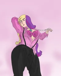 Size: 3167x3956 | Tagged: suggestive, artist:ponny, derpibooru import, princess cadance, human, g4, bra, clothes, colored, hairclip, head tilt, hips, humanized, image, jewelry, lidded eyes, low angle, necklace, necktie, open clothes, open shirt, png, solo, suspenders, underwear