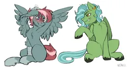 Size: 3000x1566 | Tagged: safe, artist:neoncel, derpibooru import, oc, oc:cascade script, oc:light touch, unofficial characters only, hippogriff, pegasus, pony, blushing, embarrassed, fangs, flirting, image, jpeg, spread wings, wings