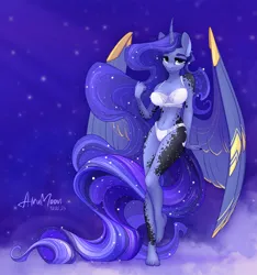 Size: 2310x2468 | Tagged: suggestive, alternate version, artist:alrumoon_art, derpibooru import, princess luna, alicorn, anthro, plantigrade anthro, g4, alternate design, barefoot, belly, belly button, bra, clothes, commission, ear piercing, ethereal mane, feet, female, image, jewelry, looking at you, nail polish, night, panties, piercing, png, skin cancer, solo, solo female, starry mane, underwear, wings