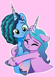 Size: 1000x1414 | Tagged: safe, artist:snowy_mystery, derpibooru import, izzy moonbow, pony, unicorn, g5, blushing, cheek squish, duo, duo female, eyes closed, female, horn, hug, image, jpeg, lesbian, mare, misty brightdawn, pink background, ship:mizzy, shipping, simple background, squishy cheeks