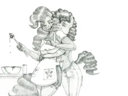 Size: 1400x1053 | Tagged: safe, artist:baron engel, derpibooru import, cheese sandwich, pinkie pie, anthro, earth pony, pony, apron, bowl, cheesepie, clothes, female, grayscale, hug, image, jpeg, male, monochrome, pencil drawing, shipping, simple background, straight, traditional art, white background, wooden spoon