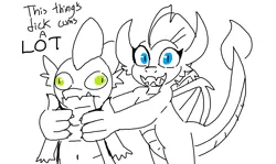 Size: 1070x639 | Tagged: suggestive, artist:tjpones, derpibooru import, smolder, spike, dragon, g4, belly, belly button, black and white, doodle, dragoness, duo, duo male and female, fangs, female, grayscale, holding a dragon, image, implied sex, looking at you, male, monochrome, open mouth, open smile, partial color, png, simple background, smiling, smiling at you, white background