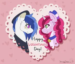 Size: 3500x3000 | Tagged: safe, artist:strawberrywolv, derpibooru import, oc, oc:astral thunder, oc:breezy belle, unofficial characters only, alicorn, pegasus, bandana, bell, bell collar, blushing, bow, collar, colored, commission, curly mane, duo, flat colors, green eyes, hair bow, hat, heart, high res, holiday, image, looking at each other, looking at someone, multicolored hair, pink background, png, purple eyes, simple background, text, valentine, valentine's day, ych example, your character here