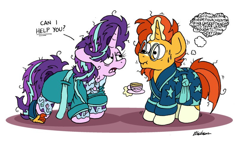 Size: 2410x1430 | Tagged: safe, artist:bobthedalek, derpibooru import, starlight glimmer, sunburst, pony, unicorn, g4, annoyed, bathrobe, bed mane, clothes, cup, female, glim glam's jim jams, horn, image, lewd thoughts, magic, male, messy mane, morning ponies, pajamas, png, robe, scrunchy face, shipping, slippers, starburst, straight, teacup, telekinesis, thought bubble