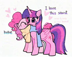 Size: 2048x1638 | Tagged: safe, artist:petaltwinkle, derpibooru import, pinkie pie, twilight sparkle, twilight sparkle (alicorn), alicorn, earth pony, pony, g4, adversarial noise, clothes, duo, eyes closed, female, heart, image, jpeg, lesbian, scarf, shipping, simple background, smiling, text, twinkie, wings