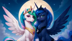 Size: 1944x1112 | Tagged: safe, ai content, machine learning generated, prompter:cypher, princess celestia, princess luna, alicorn, pony, g4, ai composition, duo, duo female, female, females only, horn, image, jewelry, looking at you, moon, png, regalia, royal sisters, siblings, smiling, wings