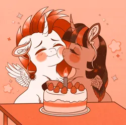 Size: 2575x2550 | Tagged: safe, alternate version, artist:silverwolf866, derpibooru import, twilight sparkle, twilight sparkle (alicorn), oc, oc:ryoku memori, alicorn, pony, g4, birthday cake, blush sticker, blushing, cake, candle, canon x oc, chibi, colored wings, cute, duo, duo male and female, ear fluff, ear piercing, earring, eyes closed, female, floppy ears, food, gradient background, hug, image, jewelry, male, male alicorn, mare, multicolored wings, nuzzling, piercing, png, shipping, stallion, stars, straight, strawberry, unshorn fetlocks, wings