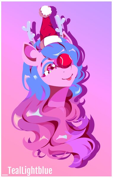 Size: 859x1352 | Tagged: safe, artist:mirkywave, derpibooru import, izzy moonbow, pony, unicorn, g5, antlers, christmas, female, gradient background, hat, holiday, horn, image, jpeg, mare, red nose, santa hat, solo