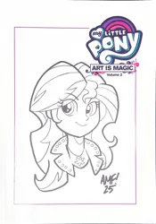 Size: 4704x6716 | Tagged: safe, artist:tonyfleecs, derpibooru import, sunset shimmer, equestria girls, g4, book, commissioner:dhs, harmonycon, image, looking at you, png, scan, signature, smiling, traditional art