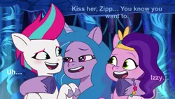 Size: 1920x1080 | Tagged: safe, derpibooru import, edit, edited screencap, screencap, izzy moonbow, pipp petals, zipp storm, pegasus, pony, unicorn, g5, my little pony: tell your tale, blushing, cave, female, horn, image, incest, lesbian, looking at each other, looking at someone, mare, ooh a new friend, png, royal sisters (g5), ship:petalstorm, shipper on deck, shipping, siblings, sisters, smiling, speech, talking, text, trio, trio female