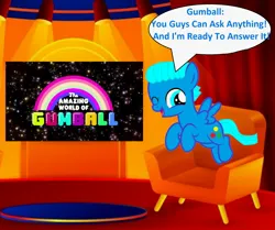 Size: 2028x1692 | Tagged: safe, artist:memeartboi, derpibooru import, ponified, pegasus, pony, g4, chair, colt, cute, discussion, flying, foal, fourth wall, gumball watterson, happy, image, indoors, jpeg, logo, looking at you, male, one eye closed, open mouth, pegasus wings, q&a, solo, speech bubble, spread wings, talk show, talking, talking to viewer, text, the amazing world of gumball, wings, wink, winking at you