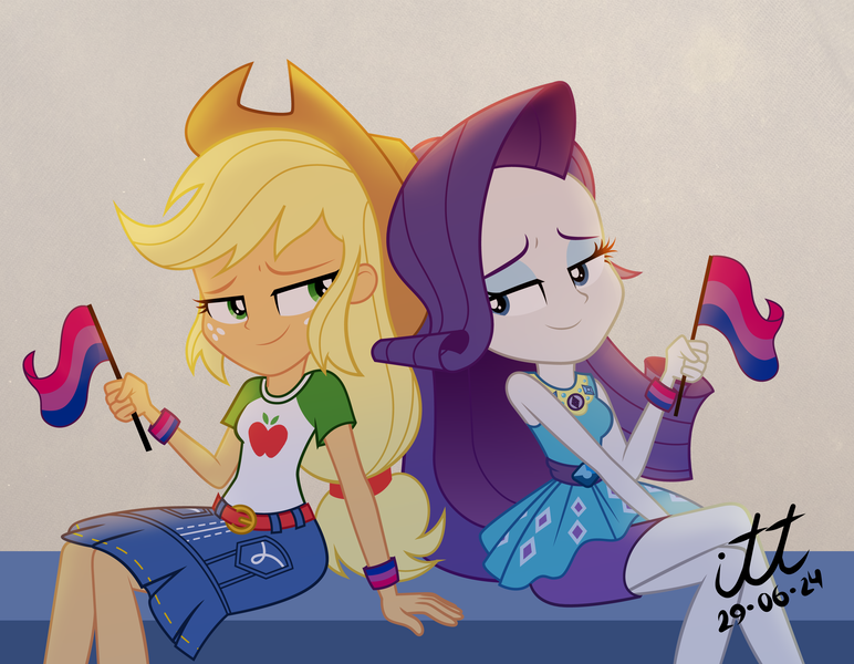 Size: 3190x2480 | Tagged: safe, artist:arturo_t1912, artist:ilustracionestoro2, derpibooru import, part of a set, applejack, rarity, human, equestria girls, g4, bedroom eyes, bisexual, bisexual applejack, bisexual pride flag, bisexual rarity, bracelet, clothes, cowboy hat, dress, duo, duo female, female, flag, hat, image, implied shipping, jewelry, lesbian, lidded eyes, png, pride, pride flag, pride month 2024, rarijack, rarity peplum dress, shipping, show accurate, side view, sitting, smiling, textured background