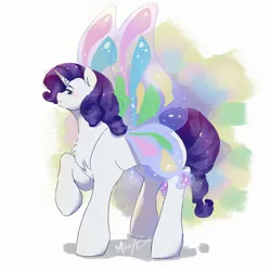 Size: 2048x2048 | Tagged: safe, artist:mikkybun, derpibooru import, rarity, pony, unicorn, g4, blushing, female, glimmer wings, horn, image, jpeg, lidded eyes, looking at you, mare, profile, raised hoof, signature, simple background, smiling, smiling at you, solo, white background, wings