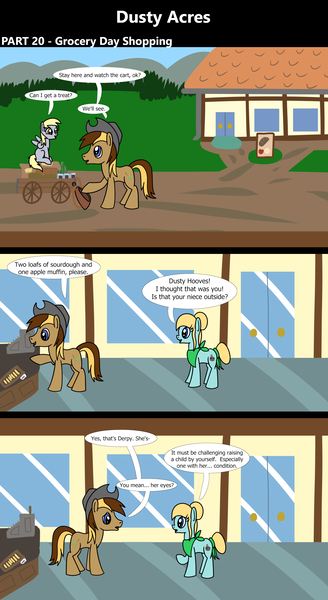 Size: 1920x3516 | Tagged: safe, artist:platinumdrop, derpibooru import, derpy hooves, oc, oc:dusty hooves, unnamed oc, earth pony, pegasus, pony, comic:dusty acres, series:technoverse, g4, 3 panel comic, comic, commission, dialogue, female, filly, foal, image, male, png, sitting, smiling, speech bubble, stallion, younger